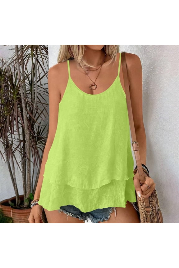 Womens Plus Size Loose Fit Cami Top 100% Cotton Sleeveless Tank Double Layer Ruffle Hem U-Neck Flowy Spaghetti Strap Green,Size 2XL