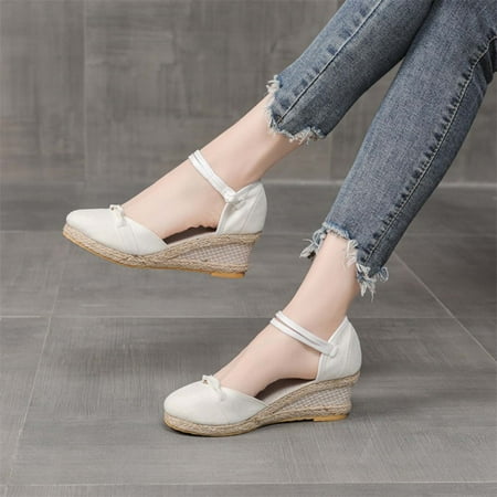 Clearance & Promo Plus-size Linen Sandals  Solid Color Straw  Woven  Wedge Heels  Summer Comfort  Lightweight  For Women  Sandal Shoes  Stylish Plus Romper|Cloth White Sopatenor