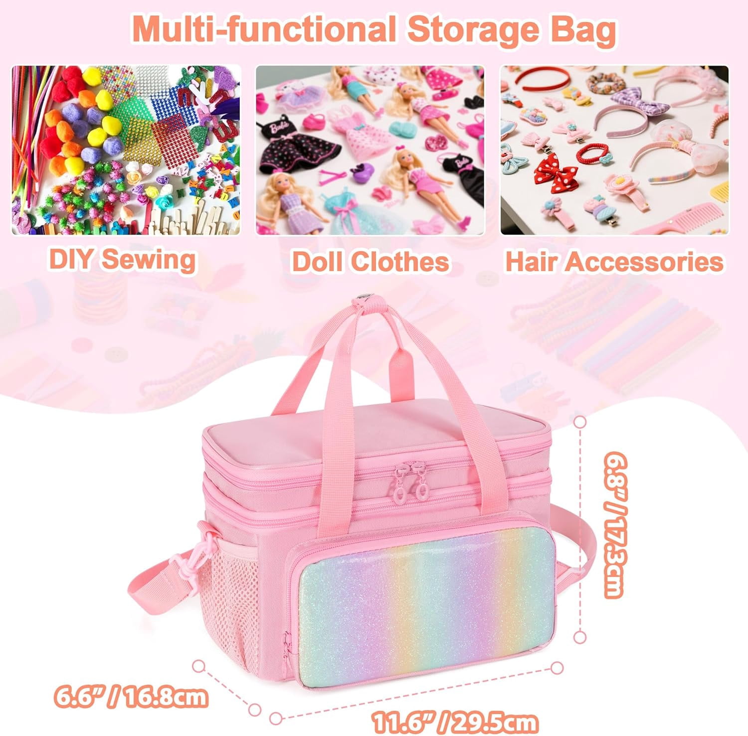 Double Layer Sewing Organizer for Crafts Sewing Supplies, Crafts Accessories Bag, Portable Sewing Box with Handle and Detachable Shoulder Strap, Rainbow Sequins Design, Pink (Case Only)