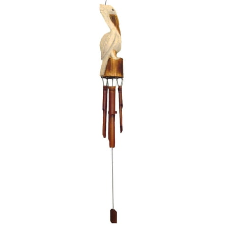 Chesapeake Bay White Hand Carved Wood Coastal Perched Pelican Wind Chime for Garden Yard Patio