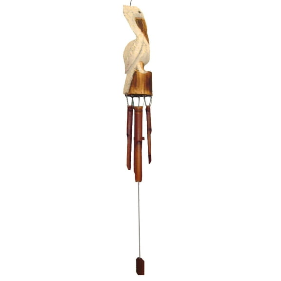 Chesapeake Bay White Hand Carved Wood Coastal Perched Pelican Wind Chime for Garden Yard Patio