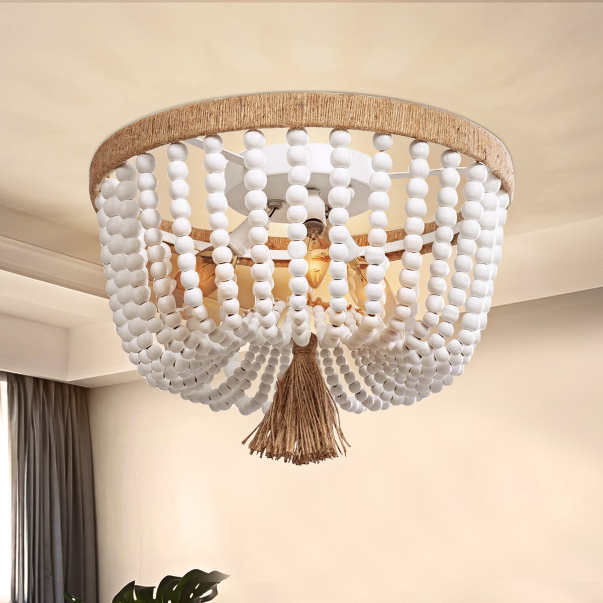 VILUXY Bohemia Wood Beaded Pendant Lights Antique Rustic Mini Chandelier White Finishing For Bedroom, Nursery Room, Girl Room, Hallway, Entryway, Passway, Dining Room, 3-Light