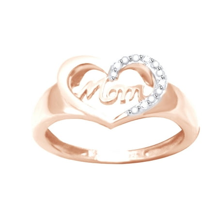 White Natural Diamond Accent Mom & Heart Ring In 14k Rose Gold Over Sterling Silver (0.02 Cttw)