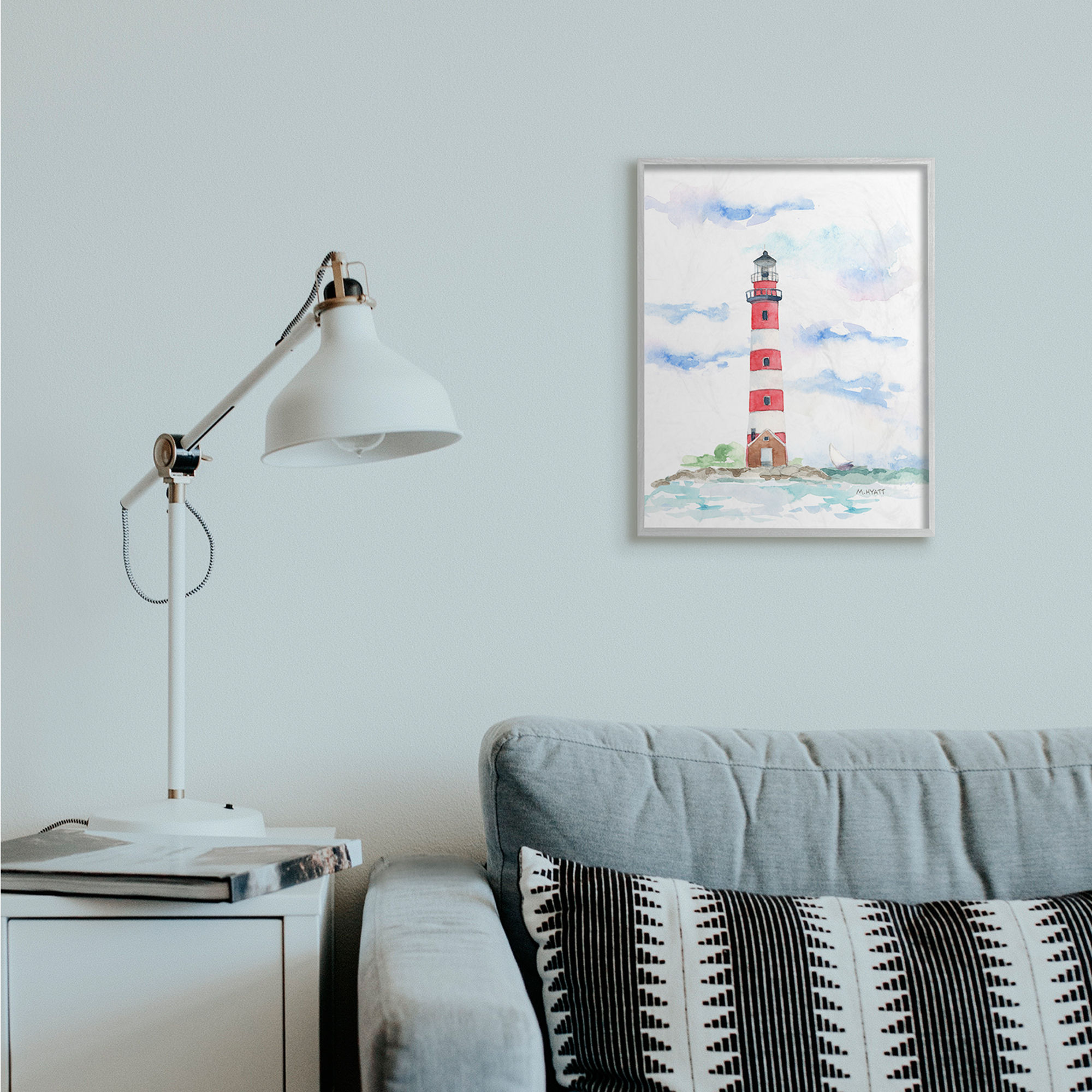 Stupell Industries Red Stripe Lighthouse Soft Coastal Landscape Grey Framed, 16 x 20, Design by Melissa Hyatt LLC