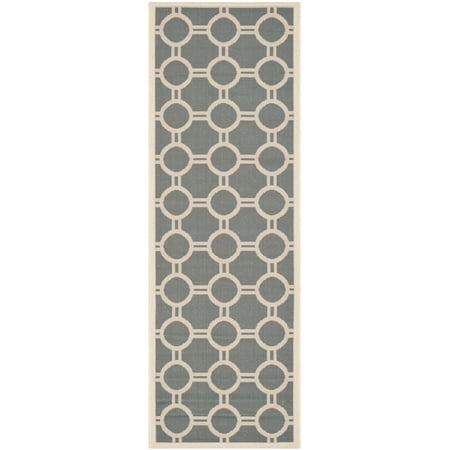 SAFAVIEH Courtyard Ariel Geometric Circle Indoor/Outdoor Runner Rug, 2'3" x 6'7", Anthracite/Beige