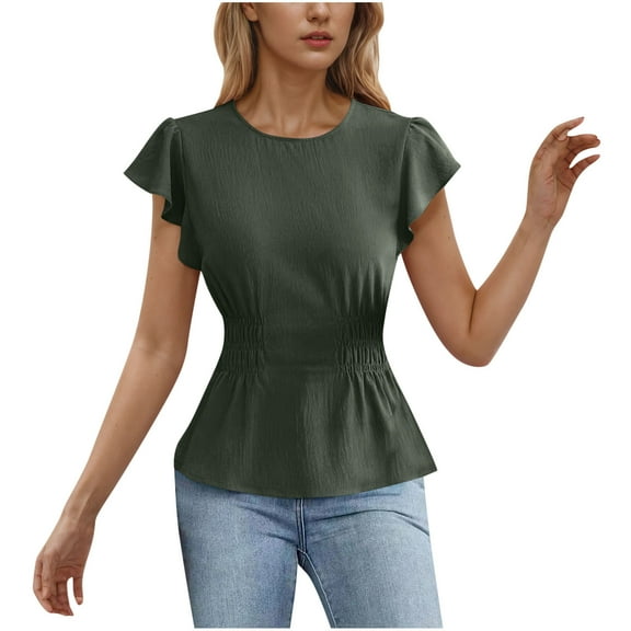 Annhoo Blouses for Women Dressy Casual Business Ruffle Short Sleeve Tops Summer Crew Neck Peplum Smocked Shirts