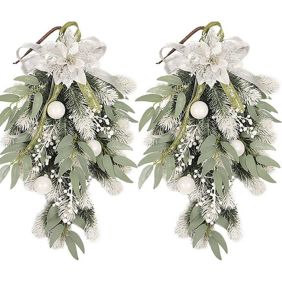 2 Pack Artificial Christmas Teardrop Swag – 19.7 Inch White Poinsettia Pine Needles with Berries & Eucalyptus | Holiday Door Hanging Wreath Decor
