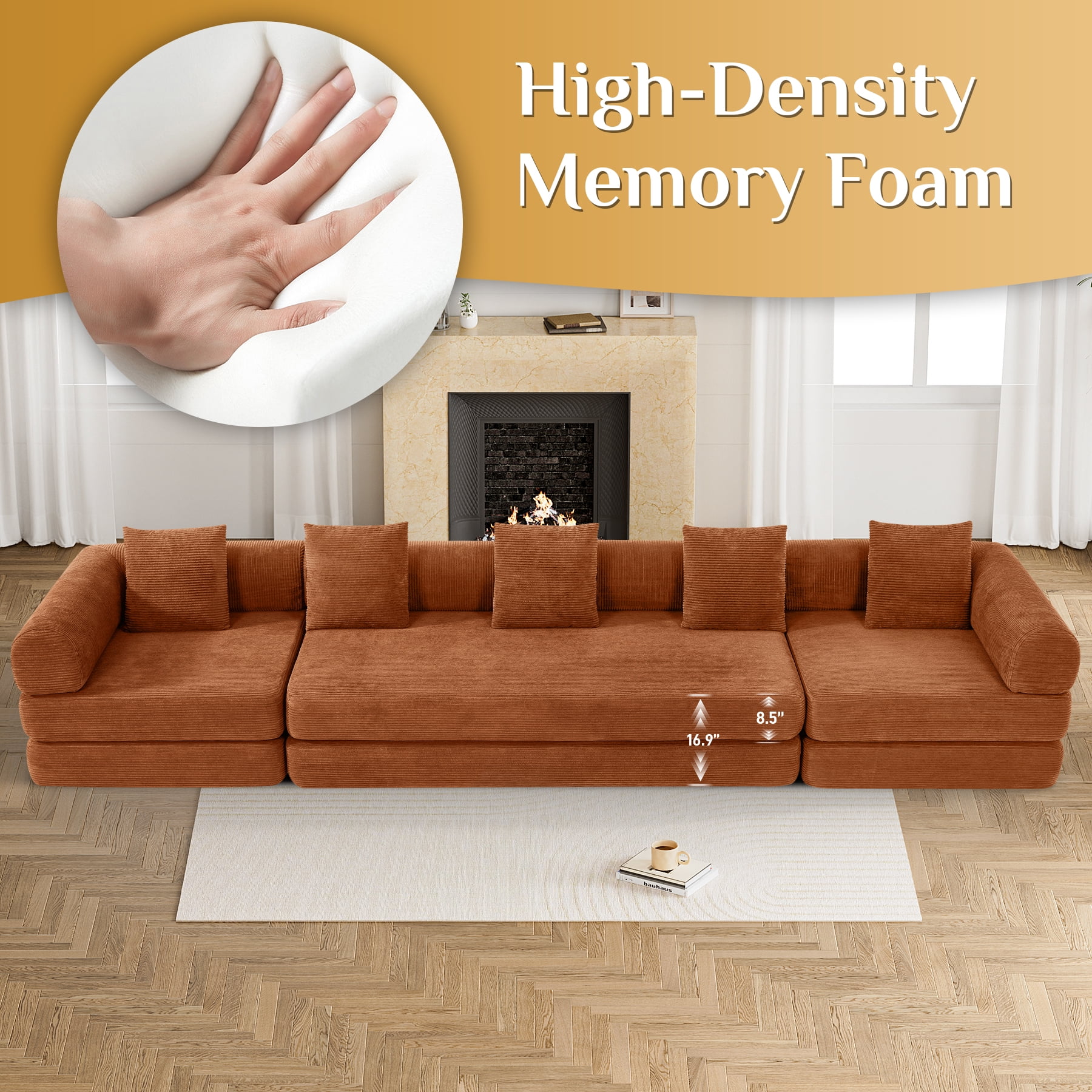 157" Convertible Sleeper Sofa Bed,Corduroy Futon Sofa Couch with High-Density Foam,Deep Seat Sofa for Living Room, Bedroom,Orange