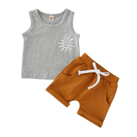 

HIBRO Baby Boy Clothes Sets 2pcs Sleeveless Letters Print Vest Shirt Tops Loose Solid Short Pants Casual Summer Outfits Clothes Boy Shirt Boy