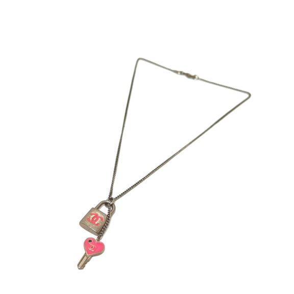 Pre-Owned CHANEL 07P Coco Mark Padlock Cadena Heart Key Chain Necklace, Metal, Women's, Silver