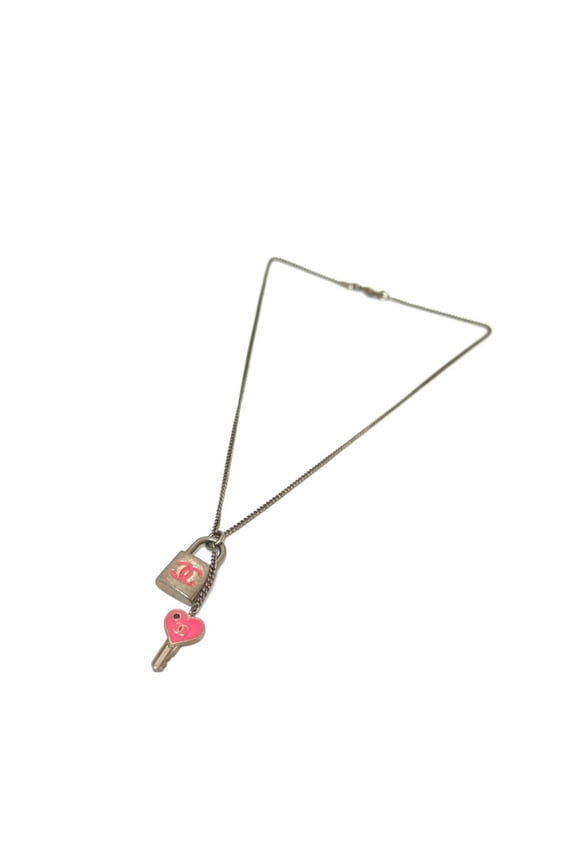 Pre-Owned CHANEL 07P Coco Mark Padlock Cadena Heart Key Chain Necklace, Metal, Women's, Silver