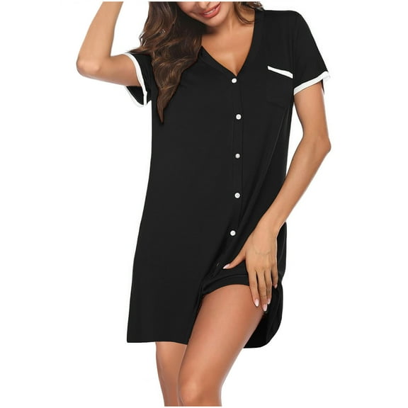 cfhntfmh Womens V-Neck Button down Nightgown Nightshirt Short Sleeve Sleep Shirts Sleepwear Pajama Dress