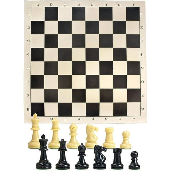 Sterling Games Chess Mat and Chess Pieces Set 20" x 20" Roll Up Vinyl Travel Chess Set, Black