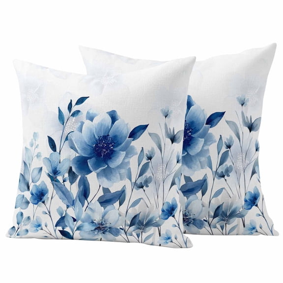 2 Pack Outdoor Waterproof Throw Pillow Covers,Watercolor Blue Flower Decorative Square Pillow Case Patio Pillowcases for Chair Couch Sofa 16x16in