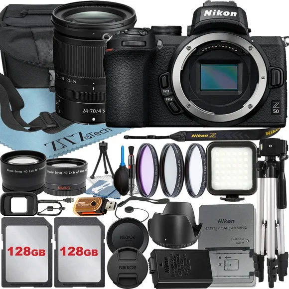 Nikon Z50 Mirrorless Camera with NIKKOR Z 24-70mm f/4 S Lens + 128GB Card + Case + Wideangle + Tripod + ZeeTech Accessory Bundle