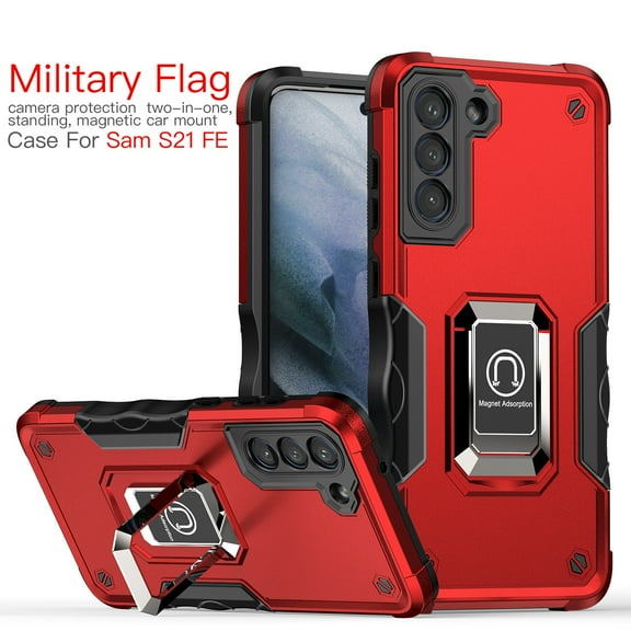 K-Lion Designed for Samsung Galaxy S21 FE 6.4 inch Shockproof Case with Kickstand, Support Magnetic Car Mount, Double Layer Heavy Duty Military Grade Drop Protective, Red