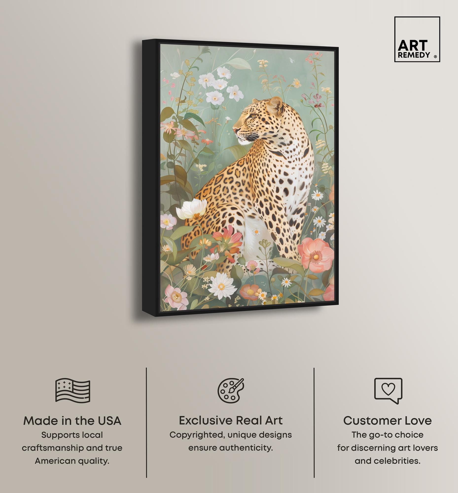 Leopard Spring Canvas Vintage Animal Art by Art Remedy, Black Frame, 24" x 36"