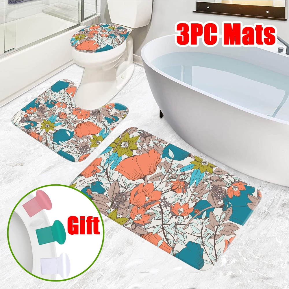 Tropical plants 3PC Toilet Mat Bath Mats Set Carpet Toilet Seat Cushion Bath Mat