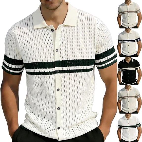 Men's Casual Lapel Shirt Acrylic Knit, Short Sleeve Shirt Breathable Comfort, Notch Lapel Regular Fit Button Closure, Stripe Texture Full Button Front, Daily Office | Zenithor,Black L