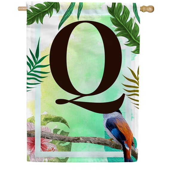 America Forever Tropical Bird Summer Monogram House Flag Letter Q 28 x 40 inches Parrot Toucan Palm Leaves Double Sided Vertical Outdoor Yard Lawn Decorative Exotic House Flag