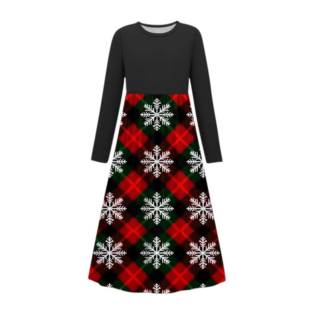 Vestido de manga larga con cuello redondo para niña, estampado navideño, manga larga, cuello redondo, bolsillos, falda larga informal para adultos, vestido de poliéster para niña.