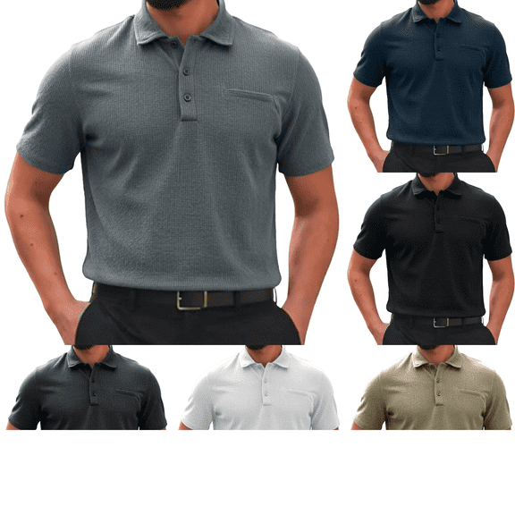 Men's Solid Casual Polo Shirt - Button Front Lapel Short Sleeve Ice Silk Breathable Lightweight Summer Top Black
