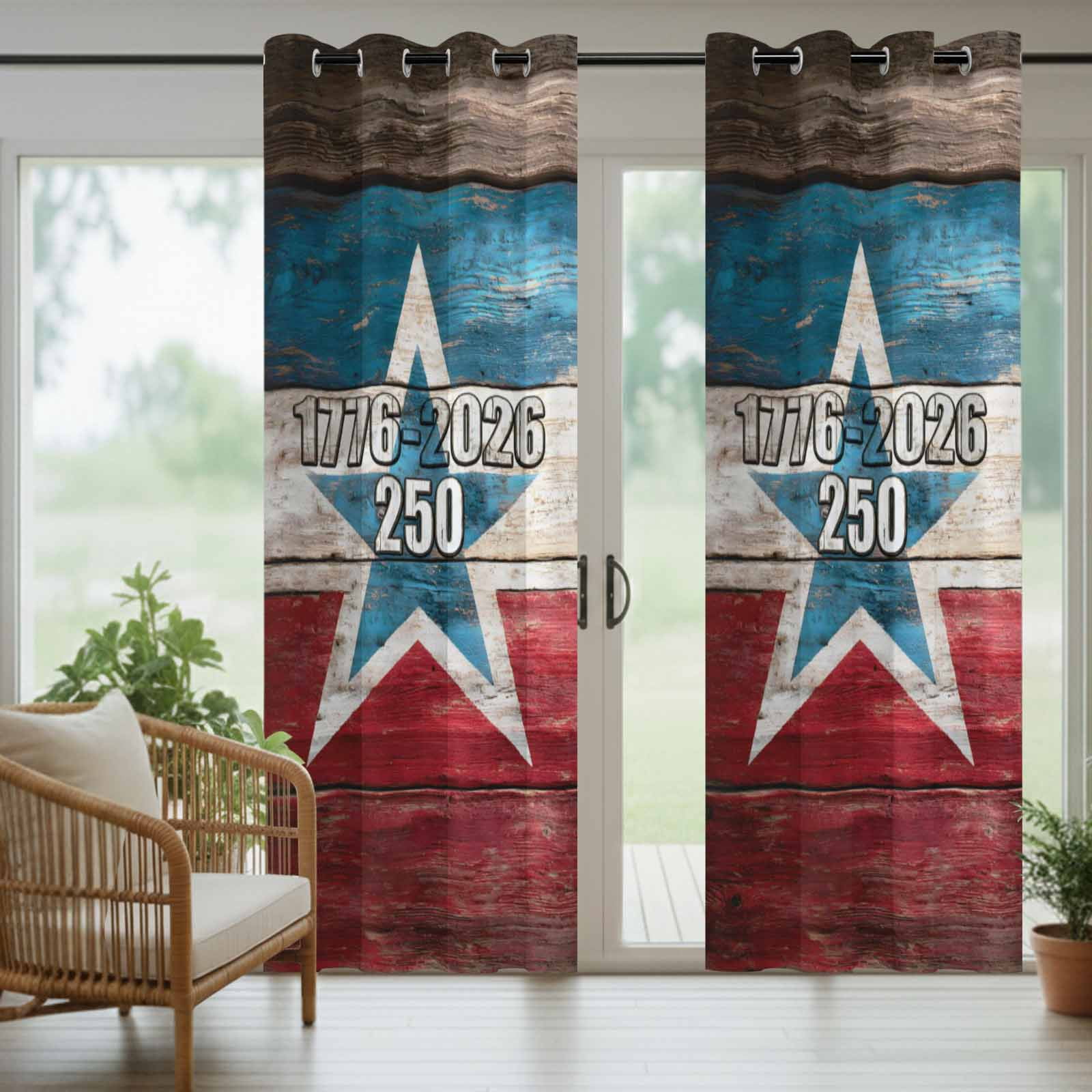 Independence Day Outdoor Curtains for Patio, America Years Vintage Country Red Blue Wood Grain Sunshade Privacy Drapes Grommet Waterproof Outside Curtains for Porch/Cabana/Balcony 54"x 108", 1 Panel