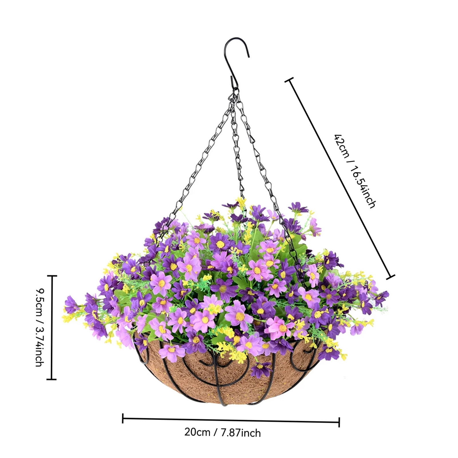 Fuebueo Artificial Flower Hanging Basket with Coco Liner, 8 Inch Purple Faux Daisy Silk Flowers, Metal Wire Planter with Chain for Outdoor Porch, Patio, and Garden Decor