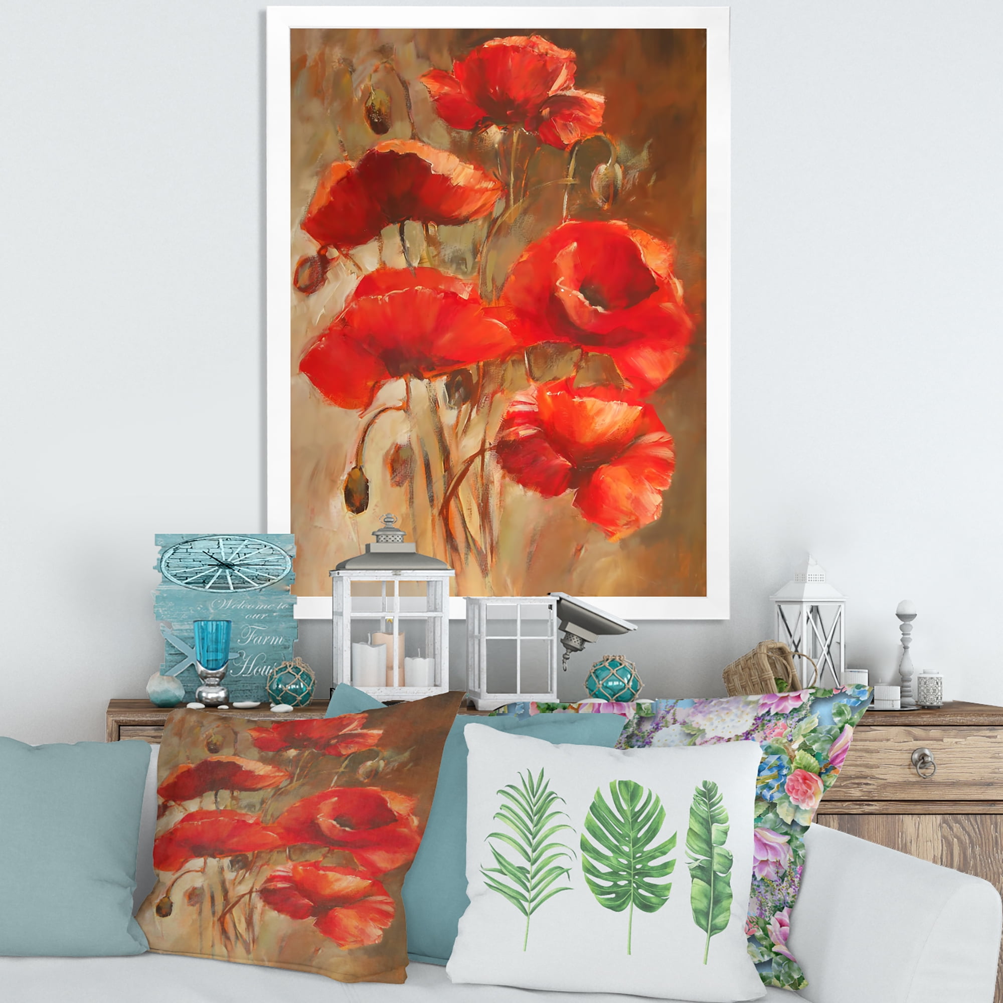 Designart 'Red Blossoming Poppies Over Wild Brown II' Traditional Framed Art Print
