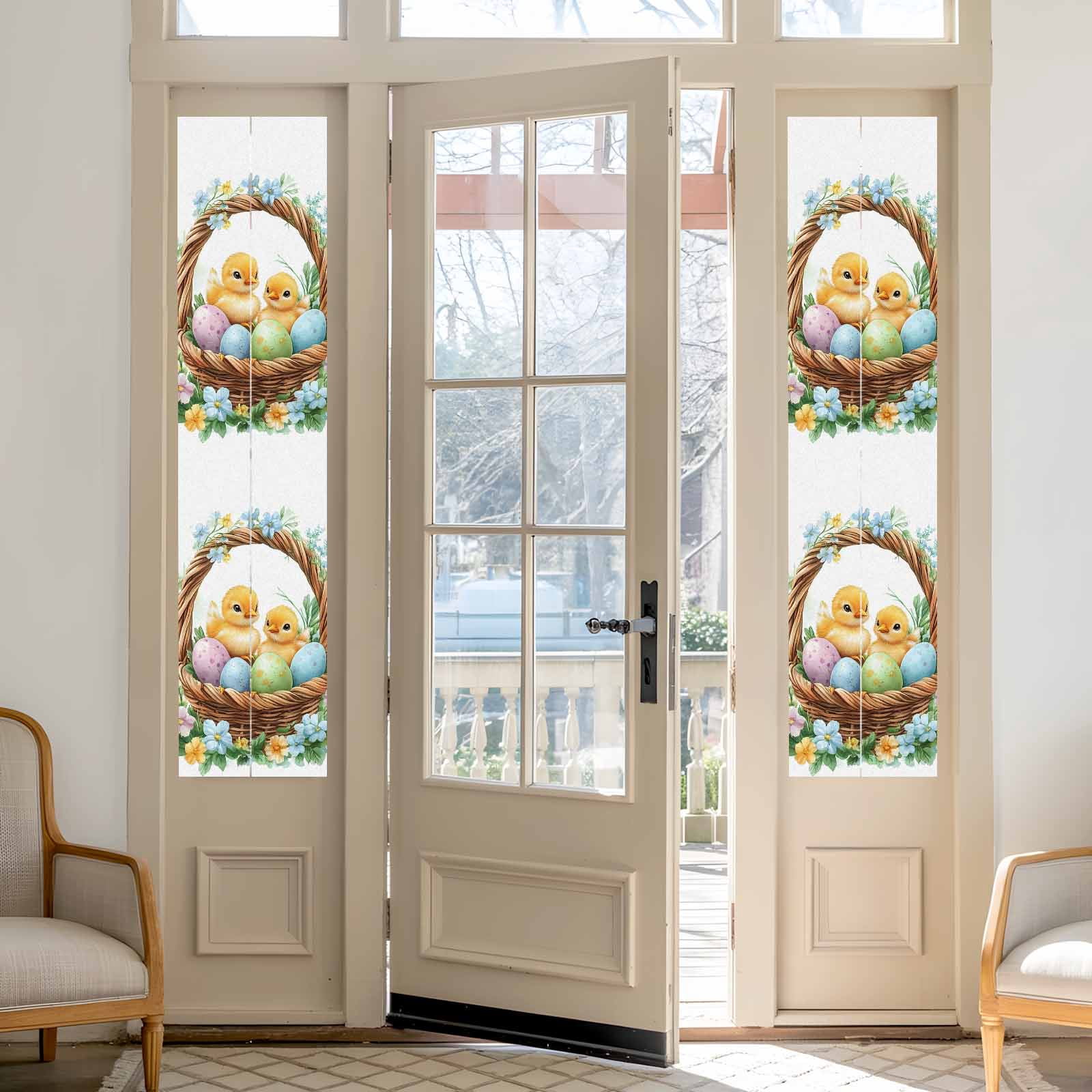 Easter Basket Chick Window Privacy Film, Watercolor Purple Blue Eggs Spring Blue Floral Leaf Frosted Glass Window Clings Static Cling UV Heat Blocking Reusable Door Sticker for Bedroom 23.6x78.7 Inch