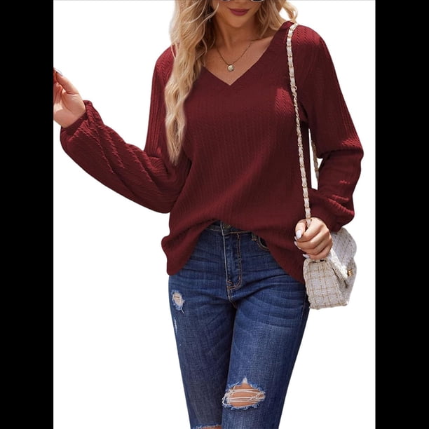 Blusa de Larga con Cuello en V para Mujer, Estilo Farol, Elegante, Informal, de Punto Acanalado, Corte Holgado, Otoño 2025 Rojo Vino L