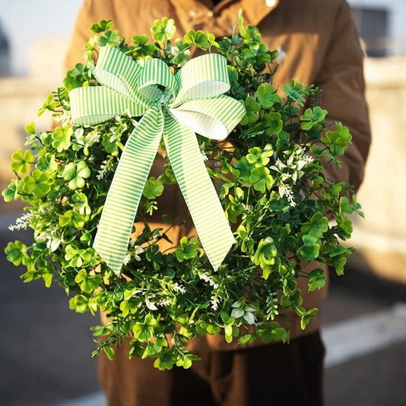 16" St. Patrick'S Day Simulation Clover Wreath with Bow, Green Clover Door Hanging Bow Decoration Wreath for Home