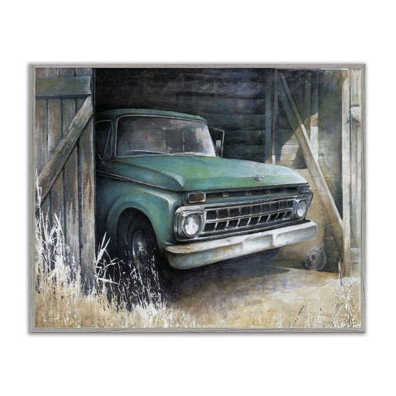 Stupell Industries Farmhouse Weathered Country Barn Vintage Green Pickup Truck Gray Framed Giclee Art, 14 x 11, by White Ladder