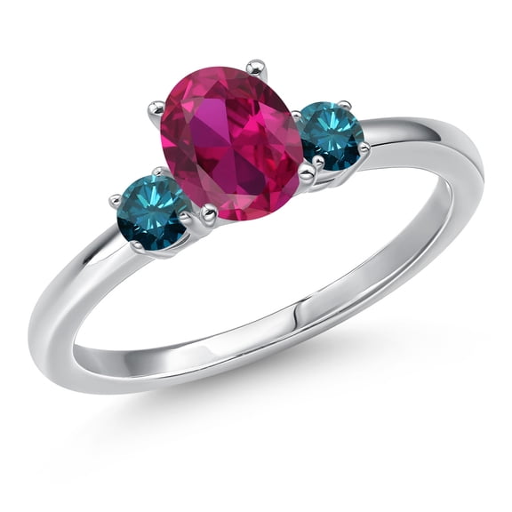 Gem Stone King 14K White Gold Red Created Ruby and Blue Diamond Engagement Ring for Women | 1.05 Cttw | Oval 7X5MM | Gemstone July Birthstone | Size 6