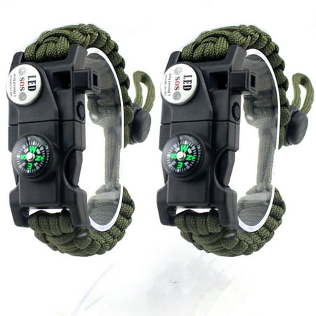 KissDate Survival Paracord Bracelet - Tactical Emergency Gear Kit with SOS LED Light 550 Grade Adjustable Multitools Fire Starter Compass and Whistle - Set of 2