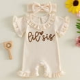 thumbnail image 2 of felwors Newborn Baby Girl Summer Outfit Romper Sister Lil Sis Embroidery Ruffle Collar Jumpsuit Infant Waffle Clothes,Beige,6-9 Months, 2 of 5