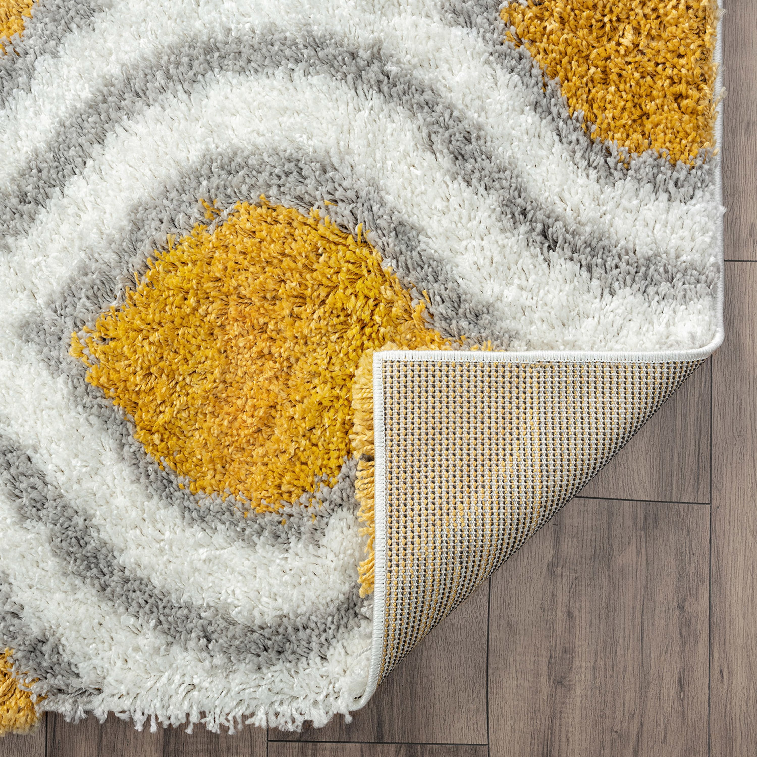 Contemporary 5x8 Area Rug Shag Thick (5'3'' x 7'3'') Geometric Gold, White Living Room Easy to Clean