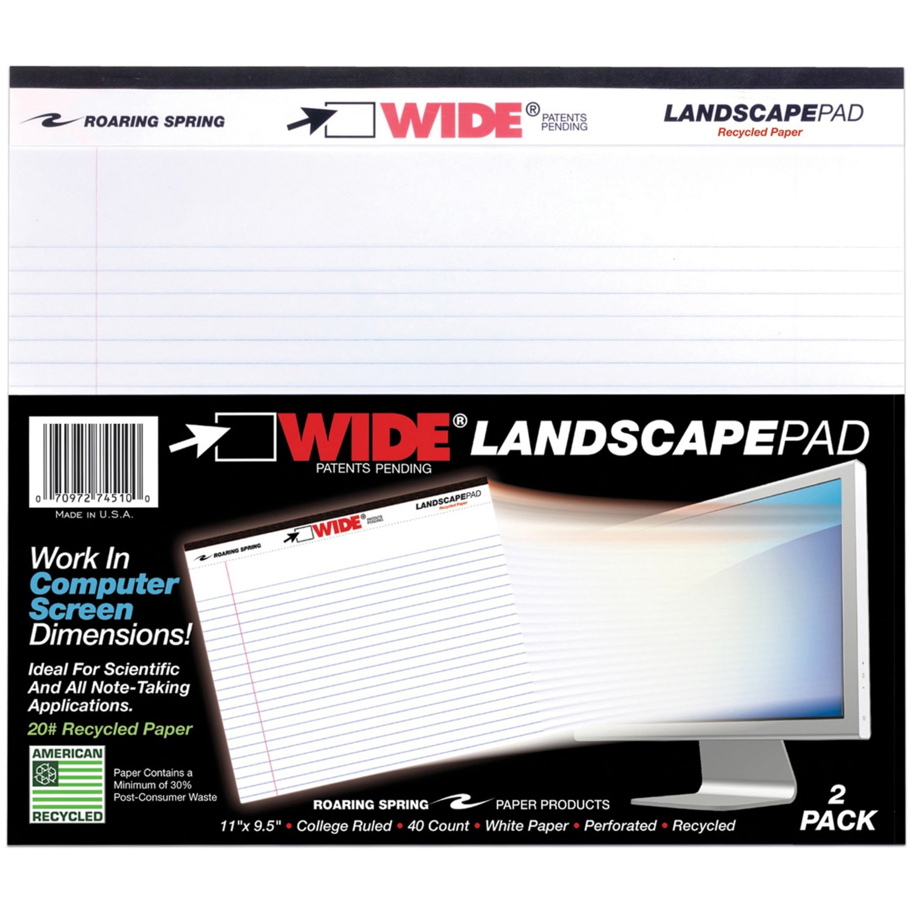 Roaring Spring Wide College Ruled Landscape Legal Pad, 1 Case (18 Total Two Packs), 11" x 9.5" 40 Sheets, White