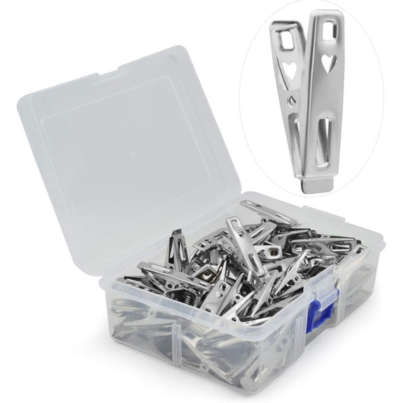 Stainless Steel Clothes Pins, Sewing Clips, Mini Clothespins, Heavy Duty Clothes Pins, Metal Clothes Pin with Storage Box, Chip Clips, Love Heart Clip, Silver 2x0.39 Inch (60Pcs)