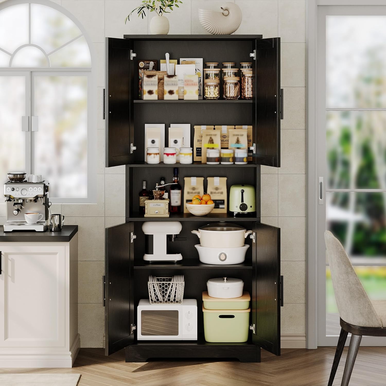 70-Inch Tall Kitchen Pantry Cabinet with 4 Doors and Adjustable Shelves, Freestanding Utility Hutch Cupboard, Black