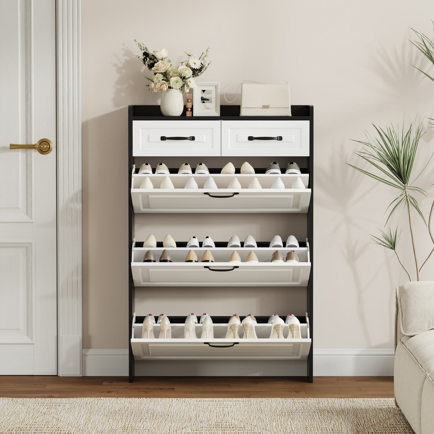 White & Black Shoe Cabinet with 3 Flip Drawers and 2 Storage Drawers, Modern Entryway Shoe Organizer Cabinet