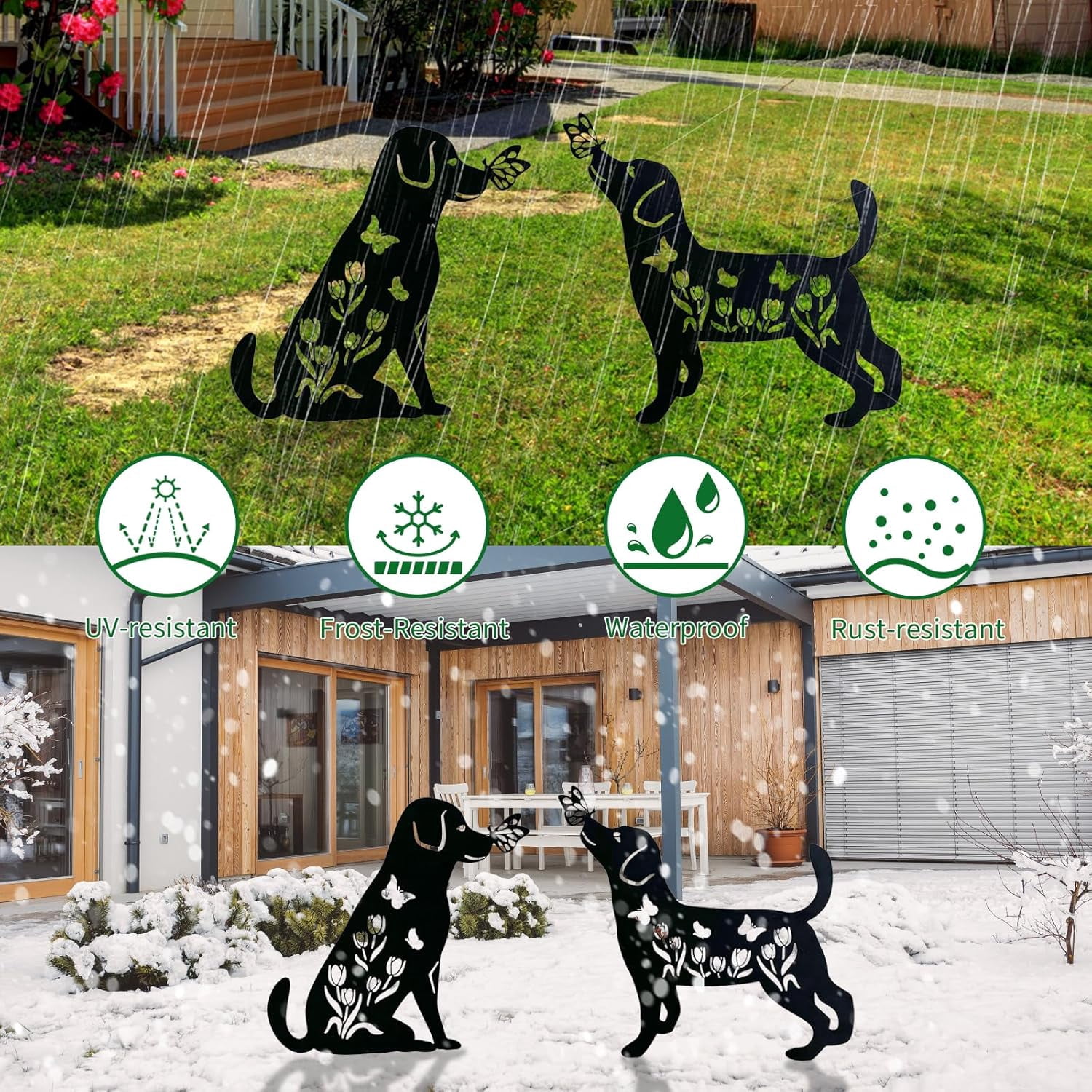2pcs Dog Garden Stakes with Butterflies & Flowers - Metal Iron Labrador Silhouette Decorative Yard Art - Weather-Resistant Animal Statues for Outdoor Garden, Lawn, Patio, Planter Decor - Dog Lover Gi