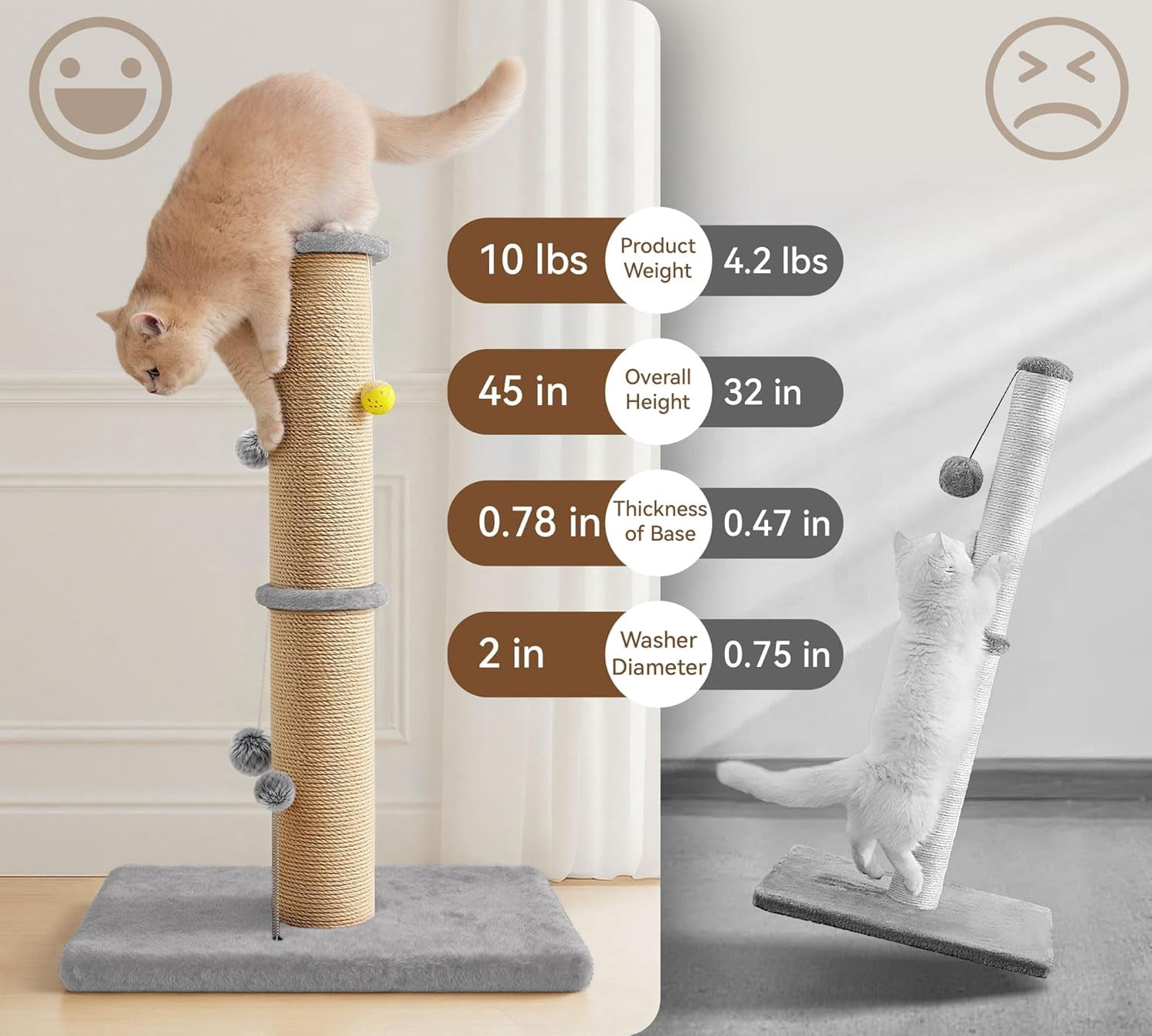 5-Inch Thick Sisal  Scratching Post, 36 Tall  Scratch Tower with Top Platform and -Stable Base,   Scratcher for Indoor Cats, Gray