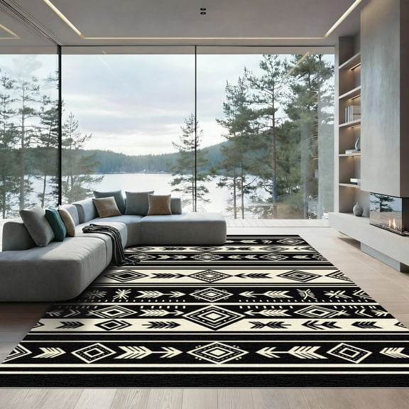 ODIKA 4'x6' Machine Washable Non-Slip Area Rug, Aztec Black High Traffic Rug, Beige, 1254396