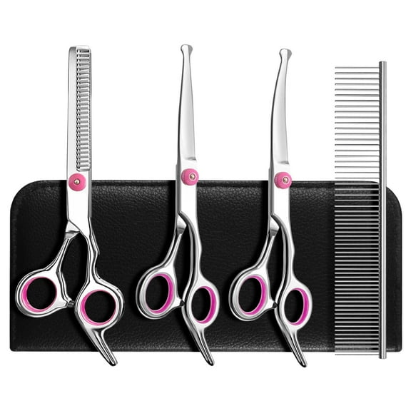 Dog Grooming Scissors With Safety Round Tips 5 in 1 - 4CR Stainless Steel Professional Pet Shears for Dogs and Cats,Pink