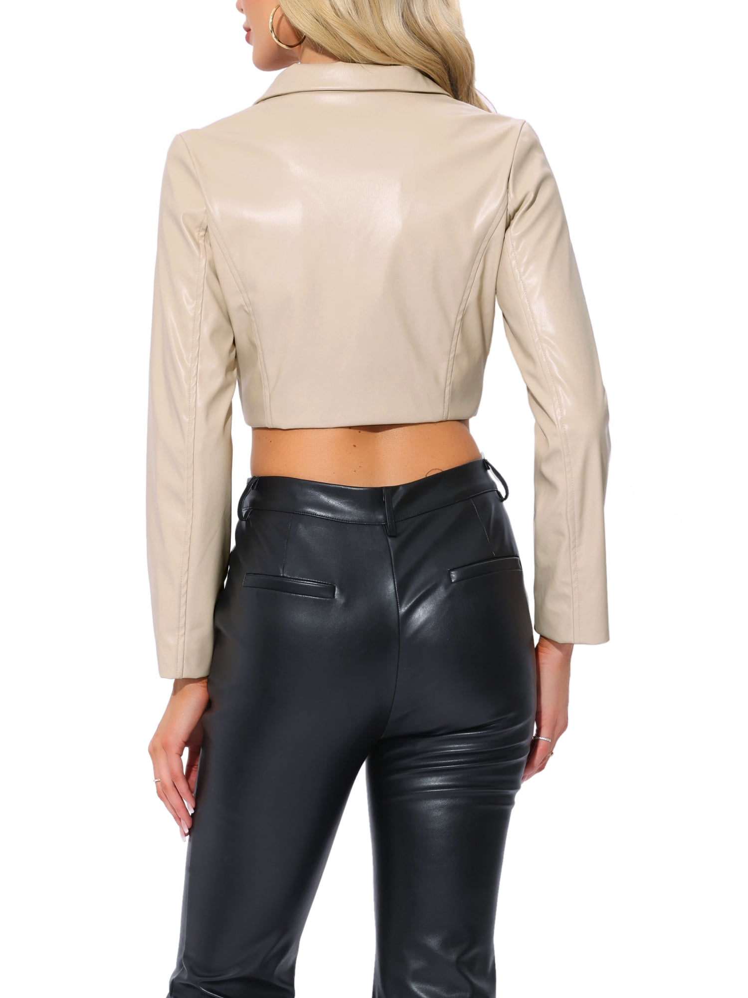 INSPIRE CHIC Faux Leather Cropped Blazer for Women's Notched Lapel Collar Single Breasted Moto PU Jackets M Apricot