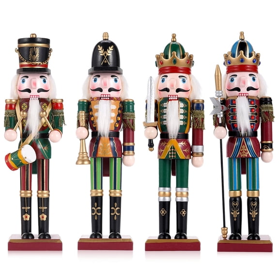 TJT 4Pc Nutcracker Decorations Set, Wooden Nutcracker Soldier Christmas Ornaments Collectible Festive Xmas Figures Decor Gift Indoor, 12'' Green Red
