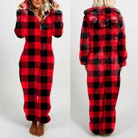 

TANGNADE Women Long Sleeve Hooded Jumpsuit Pajamas Casual Winter Warm Rompe Sleepwear Red + XXL