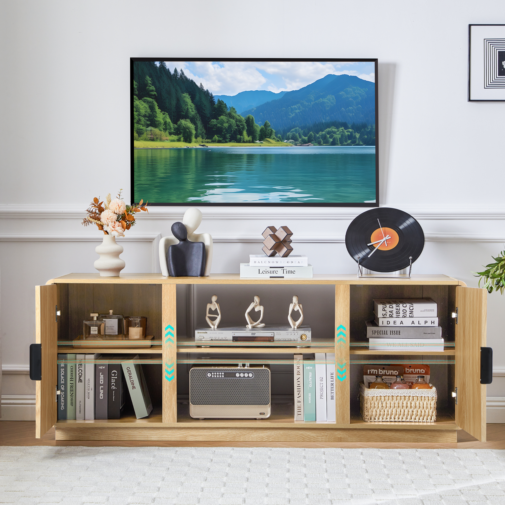 LEFHDA 60-inch Mid Century Modern TV Stand with Fluted Design & 2 Storage Cabinets, Entertainment Center for TVs up to 75" with Adjustable Shelf and Cable Management