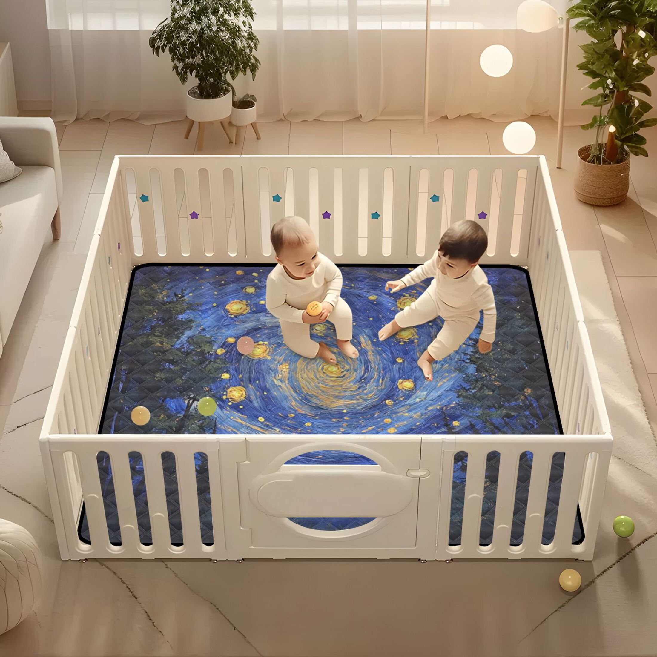 WOBOGO Starry Night Sky with Fireflies Baby Playmats Extra Large Waterproof Rollable Activity Pads for Toddlers 50×50inch